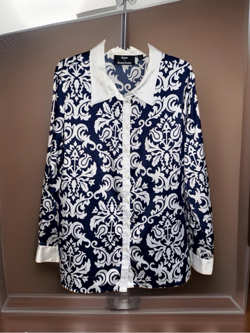 dennis by dennis basso Navy & White Satin Damask Button-Down Shirt-XL-EC